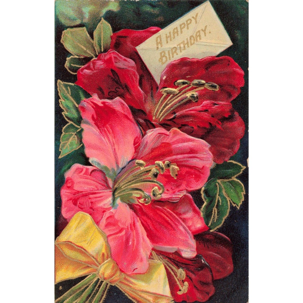 Antique Embossed Birthday Postcard Red Hibiscus Flowers Gold Bow Divided Back - Picture 1 of 2